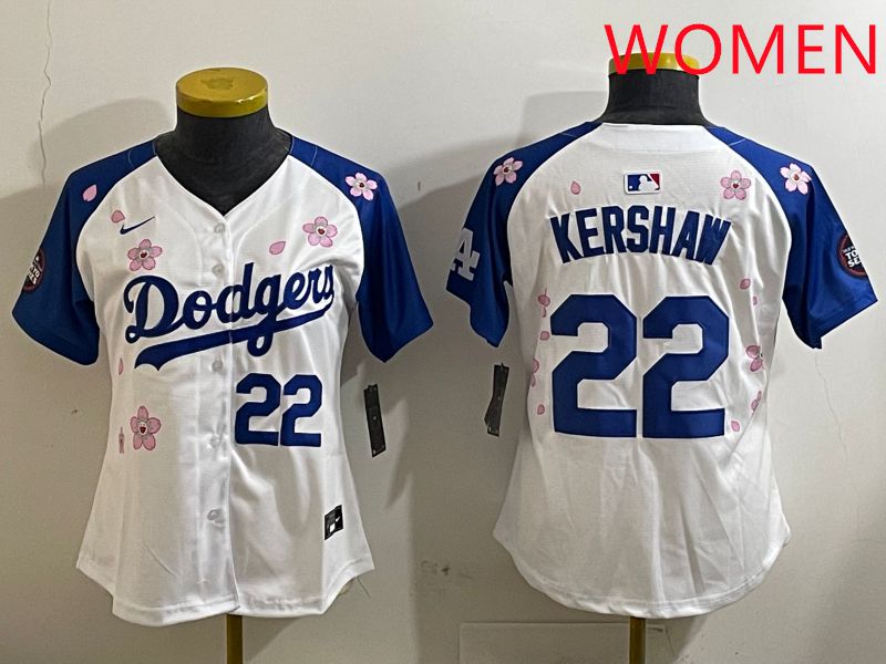 Women Los Angeles Dodgers #22 Kershaw White Blue Sakura Edition 2025 Nike MLB Jersey style 2->women mlb jersey->Women Jersey
